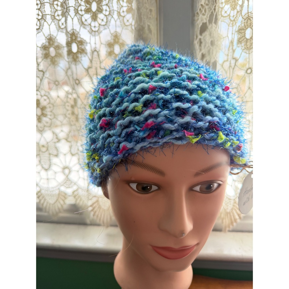 Handmade Beanie Hat Womens OS Blue Multi Color New Chunky Knit Tinsel Shimmer